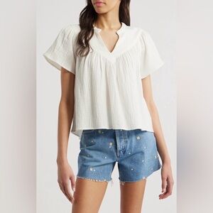 Rails Womens White Organic Cotton Gauze Short Sleeve Shirt Sayer Split Neck M